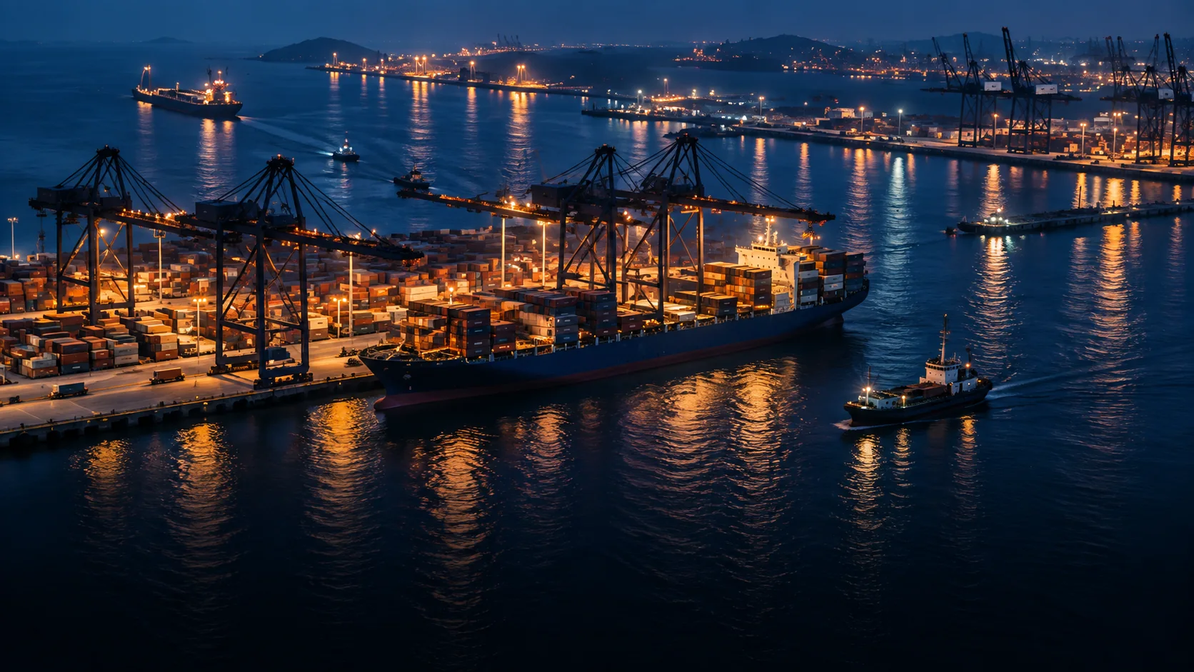 Container port and harbor activity at night