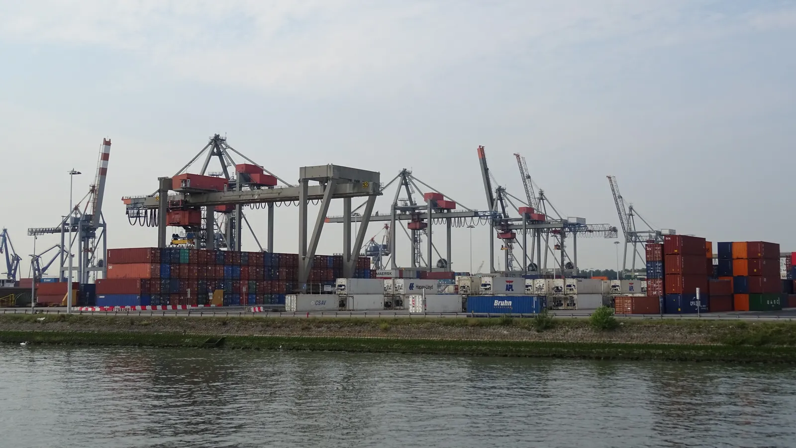 Container terminal, cranes, and stacked containers at Waalhaven pier 6 in the Port of Rotterdam