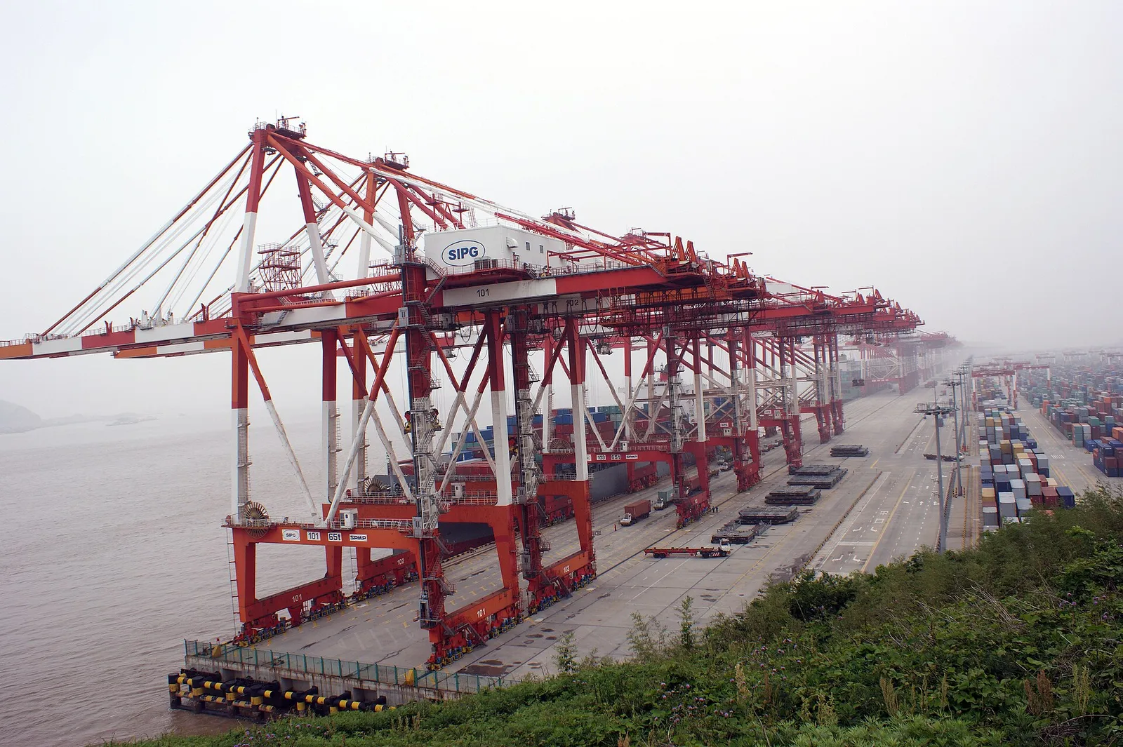 Container cranes and stacks at the Yangshan terminal of the Port of Shanghai